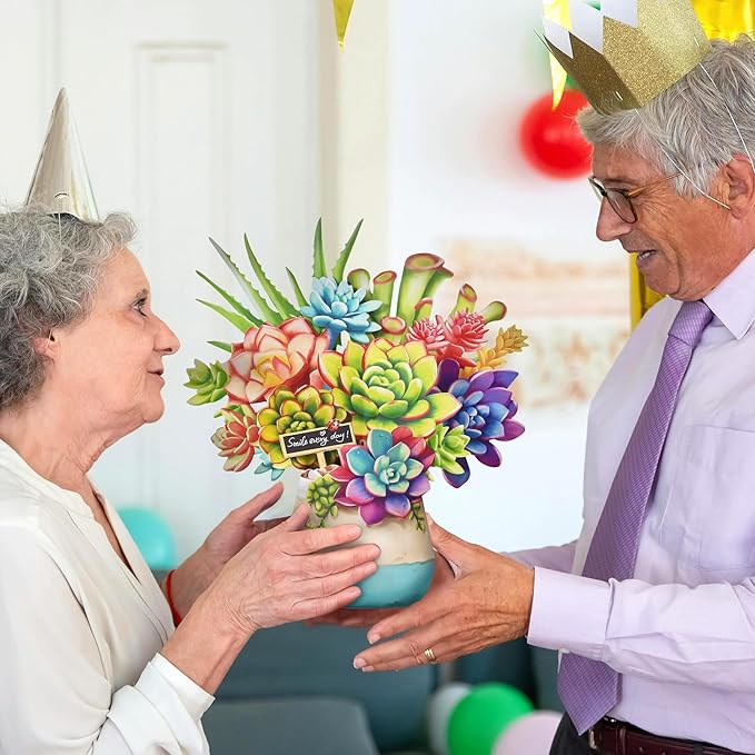 Pop Up Flowers Cards, Paper Flowers Bouquet 3D Popup Greeting Cards with Blank Note Card and Envelope for Birthday, Easter Cards, Anniversary, for Women Lover,12'' Succulent Planters