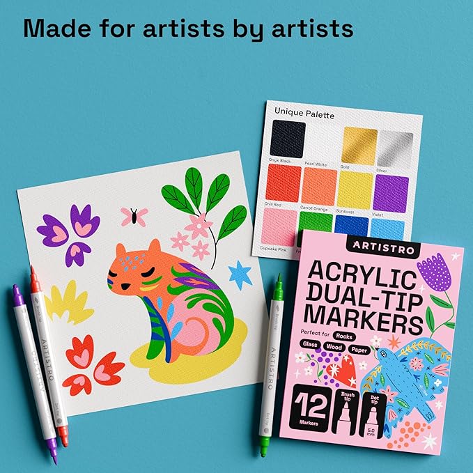 ARTISTRO 12 Acrylic Paint Markers for Fabric, Rocks, Paper, Wood, Canvas, Glass, DIY - Safe for Kids Dual Tip Acrylic Paint Pens (Dual Tip Dot + Brush, 12)