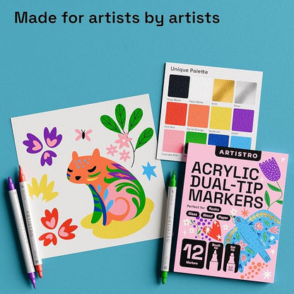 ARTISTRO 12 Acrylic Paint Markers for Fabric, Rocks, Paper, Wood, Canvas, Glass, DIY - Safe for Kids Dual Tip Acrylic Paint Pens (Dual Tip Dot + Brush, 12)