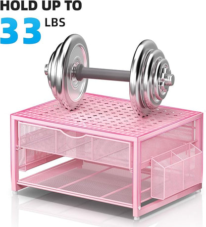 Marbrasse Metal Printer Stand for Desk with Storage Drawer and 2 Pen Holders, 2-Tier Desktop Organizer Printer Table for Home Office, Multi-Purpose Desk Organizer for Fax Machine Scanner Files(Pink)