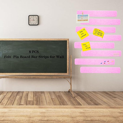 8Pcs Bulletin Board Strips,Pink Felt Pin Board Bar Strips with 50 Pushpins, Self-Adhesive Felt Cork Board Strips for Wall to Display Your Notes, Photos, Schedules, Announcements