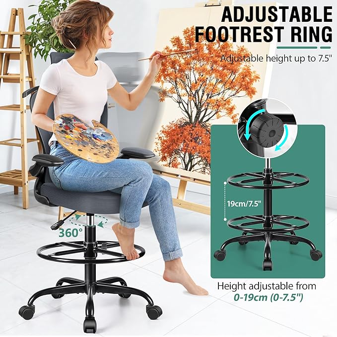 Drafting Chair, Tall Office Chair with 3D Lumbar & Head Support, Ergonomic Mesh Standing Desk Chair with Footring, Comfy Extended High Desk Chair with Flip-Up Arms & Hanger (Dark Gray)