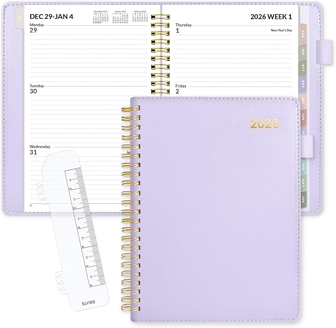 SUNEE 2026 Weekly & Monthly Planner 6.4"x8.5"- 12 Month (January 2026 - December 2026), Vegan Leather Cover, Pocket, Bookmark, Notes, Monthly Tab, Purple