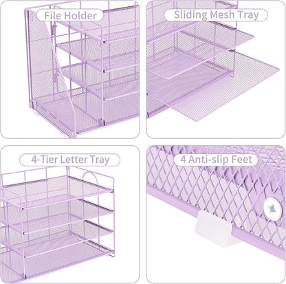 OPNCIE Desk Organizers and Accessories, 4 Tier Paper Letter Tray File Organizer, Office Organization Storage Desk Accessories Workspace Desktop Organizer for Classroom Office Supplies Decor, Purple