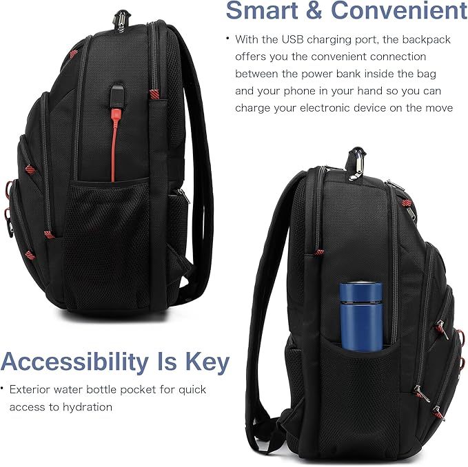 Laptop Backpack for Men - Stylish College Bookbag for Daily Commutes and Travel - 15 inch Travel Laptop Backpack with USB Charging Port - Waterproof - Black