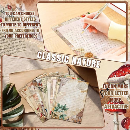 TaoBary 160 Packs Stationery Paper Set (50 Double Sided Stationery Writing Papers 50 Matching Envelopes) 60 Round Dot Sticker, 10 Design(5.5 x 8.25 Inch,Nature Vintage Style)