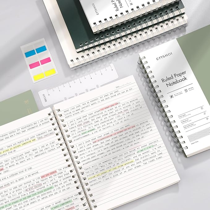 EMSHOI Lined Spiral Journal Notebook, A5 College Ruled Notebook, 300 Pages/150 Sheets, 100gsm Acid-Free Paper, Waterproof Softcover Notebook for School, Work, Note Taking, 5.7" × 8.22" - Light Green
