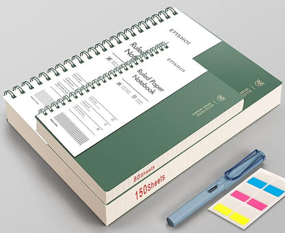 EMSHOI A4 Spiral Notebook College Ruled Lined Journal, 11.2" X 8.27", 300 Pages/150 Sheets, Easy Tear Perforated Pages, 100gsm Thick Paper, Waterproof Softcover, for School Work Writing-Green