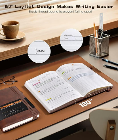 Lined Journal Notebook for Women Men, 256 Numbered Pages Hardcover Leather Journals for Writing, A5 Journaling Notebooks, College Ruled Journal for Business Work School Note Taking 5.75" x 8.38" Brown