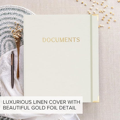 Aesthetic Document Organizer - Sturdy Linen 3-Ring Binder Safely Stores All Your Important Documents and Files in One Place - Easy to Use Expanding Storage Folder Incl. Envelopes, Pockets & Labels