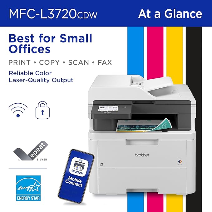 Brother MFC-L3720CDW Wireless Digital Color All-in-One Printer with Laser Quality Output, Copy, Scan, Fax, Duplex, Mobile Includes 2 Month Refresh Subscription Trial ¹ Works with Alexa