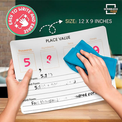 SCRIBBLEDO Place Value Chart Math Practice 9”x12” Small White Board Dry Erase Sheets Math Manipulatives Math Supplies Homeschool Teacher Students Classroom Pack of 10 Sheets