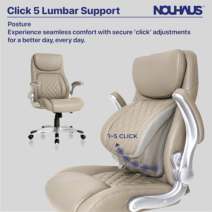 Nouhaus +Posture Ergonomic PU Leather Office Chair. Click5 Lumbar Support with FlipAdjust Armrests. Modern Executive Chair and Computer Desk Chair (Taupe)