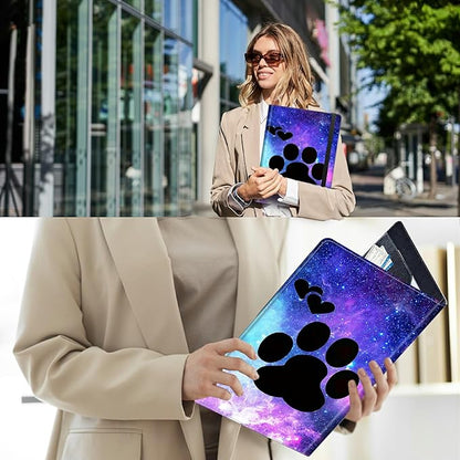 PU Leather Padfolio Clipboard Notepad with Pen Loop and Elastic Strap Interview/Resume Document Organizer for Business School Office,Animals Dog Paws Galaxy