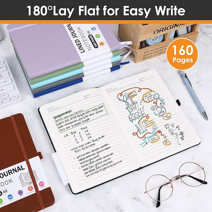 Lined Journal Notebooks for Women and Men, A5 100gsm Hardcover Notebook with Pen Loop, 160 Pages, 5.7" X 8.3", Notebook for Student, Office, School (Black)