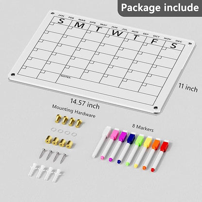 Wall Calendar (Not Magnetic), Clear Acrylic Monthly Planner White Board Dry Erase Whiteboard, w/ 8 Colors Markers, 15"x11"