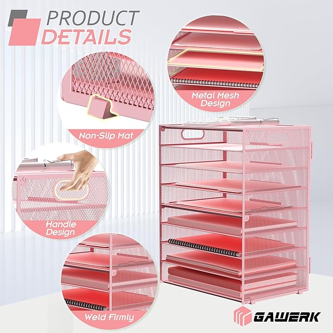 9-Tier Paper Organizer Letter Tray with Handle, Mesh File Organizer Paper Sorter Holder, Desk Organizer for Office Home School, Pink