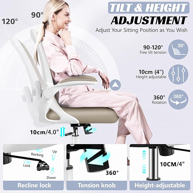 Office Chair Ergonomic Desk Chair with Adjustable 3D Lumbar Support and Height, Comfy Mesh Computer Chair with Flip-up Armrests, Swivel Rolling Task Chair with Wheels for Home Office (Khaki)