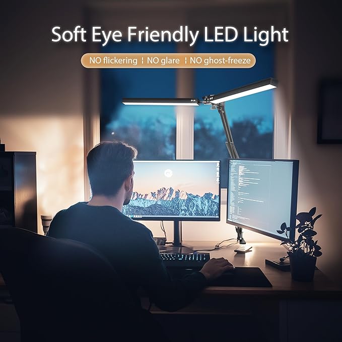 Desk Lamp with Clamp, Swing Arm Architect Lamps with Adjust Joints & 3 Color 10 Brightness Dimming Desk Light Eye Caring Study Lamp No Glare Drafting Light