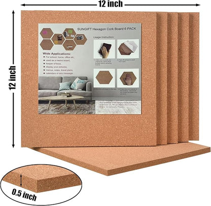 SUNGIFT Cork Board 12"x12" - 1/2" Thick Square Bulletin Boards 6 Pack Cork Tiles with 50 Push Pins Mini Wall Self-Adhesive Corkboards Tiles for Wall