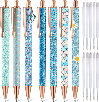 Sherr 7 Pcs Fancy Pens for Women Cute Sparkly Glitter Pens with 10 Pcs Black Ink Refills Pretty Gifts for Girls Office School Christmas Graduation(Blue,Plain)