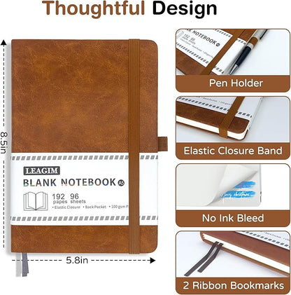 Blank Journal Notebook, A5, 192 Pages 100 GSM Thick Sketch Book for Women Men, Hardcover Leather Unlined Journaling for Work, Notebooks for Writing, 5.8 inches x 8.5 inches (Brown)