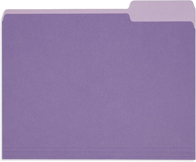100 Blue Summit Supplies Purple File Folders Letter Size 1/3 Cut, Two-Tone Purple Folders, Durable 11pt Paper, Assorted Tabs, Holds Letter Size Documents