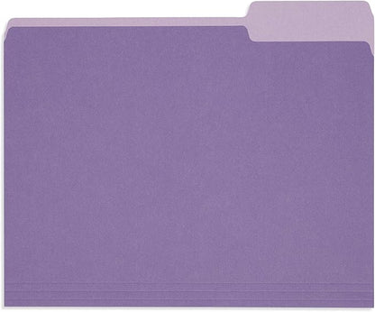 100 Blue Summit Supplies Purple File Folders Letter Size 1/3 Cut, Two-Tone Purple Folders, Durable 11pt Paper, Assorted Tabs, Holds Letter Size Documents