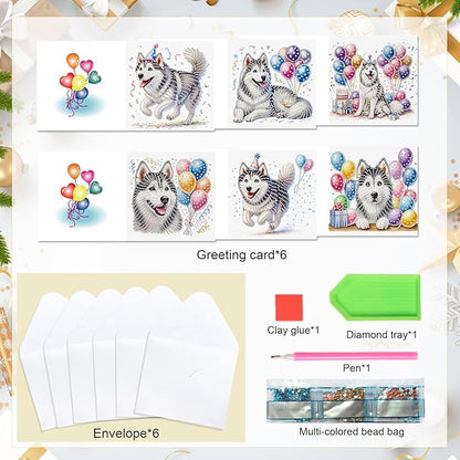 Tontut 6pcs Diamond Art Painting Kit Greeting Card, Balloon Puppy 5D DIY Diamond Handmade Holiday Glitter Greeting Card with Envelope, Holiday Gift Congratulation
