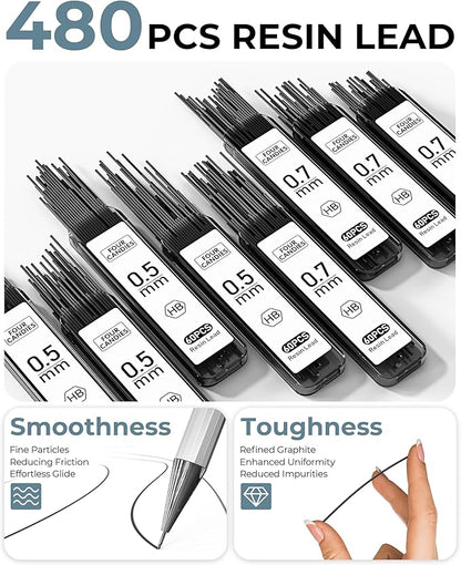 Four Candies 8PCS Metal Mechanical Pencils - 0.5 & 0.7mm with 8 Tubes HB #2 Lead Refills, Eraser Set and Eraser Refills, 20-Count Pack with Case, Lead Pencils Mechanical for Writing, Drawing, Drafting