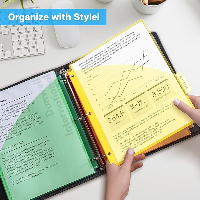 Dunwell 5-Tab Dividers with Pockets for 3-Ring Binder (3 Sets, 15 Count), Plastic Binder Dividers with Tabs and 2 Pockets, Binder Pocket 3 Hole Punched for 8.5x11 Paper, Includes Label Inserts