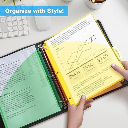 Dunwell 5-Tab Dividers with Pockets for 3-Ring Binder (3 Sets, 15 Count), Plastic Binder Dividers with Tabs and 2 Pockets, Binder Pocket 3 Hole Punched for 8.5x11 Paper, Includes Label Inserts