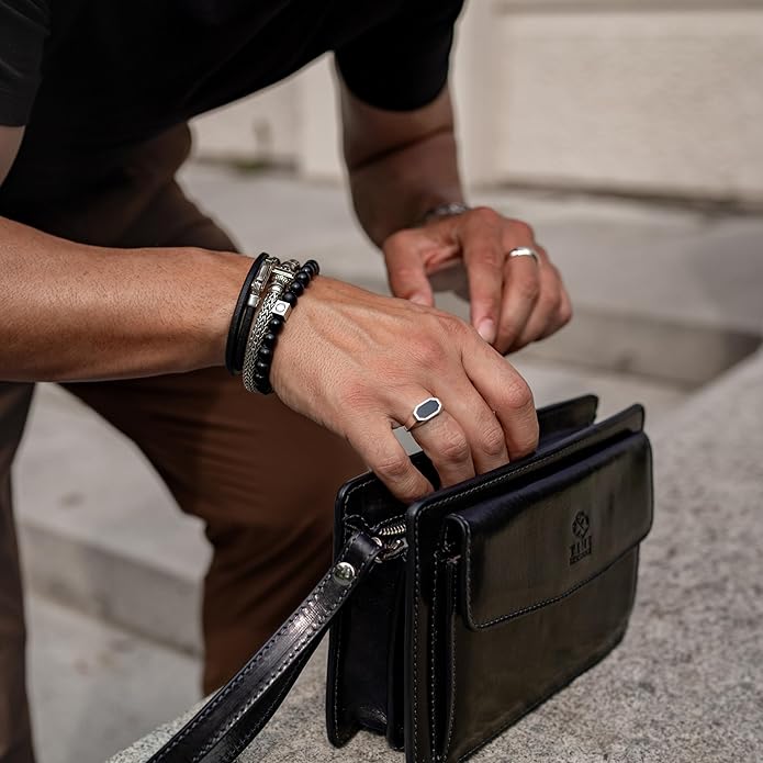 Time Resistance Leather Clutch for Men Organizer Wrist Bag Briefcase Handmade in Italy Gift Box Included