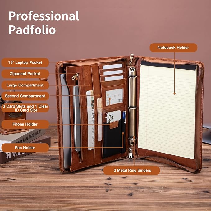 Personalized Genuine Leather Portfolio with 3 Ring Binder, Full Grain Leather Padfolio Zippered, A4 Notebook Holder Customized Professional Folder Organizer Gift for Men and Women, Oil Tanned