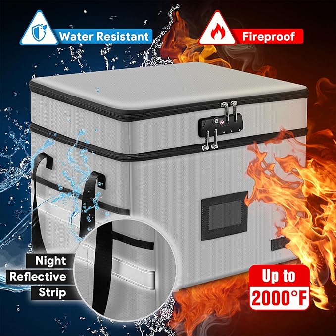 Fireproof Document Box with Lock, 2-Layer File Box Storage Organizer with 5 Tabs& Insert, Portable File Cabinet Storage Box with Handle for Hanging Letter/Legal Size Folder/Certificate, Silver Grey