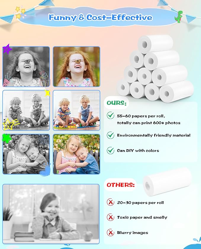 Thermal Paper, 10 Rolls Refill Print Paper for Kids Instant Print Camera, HD Photo Printing Paper Rolls for Most Kids Instant Camera, White