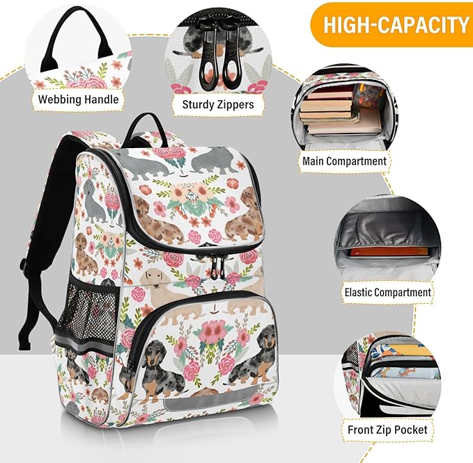 Dachshunds Dog Backpack with Reflective Strip for Kids Boys Girls Elementary School Bag Removable Chest Strap