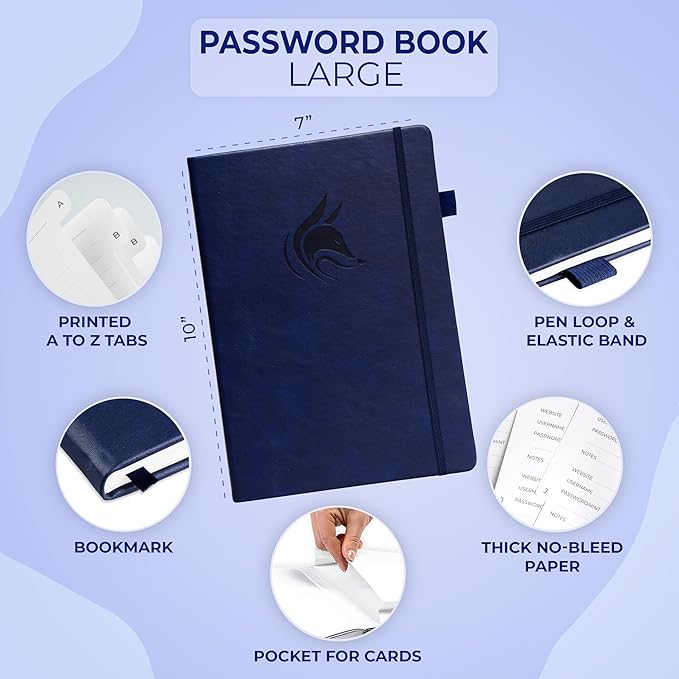 Clever Fox Password Book with Alphabetical tabs. Internet Address Organizer Logbook. Large Password Keeper for Website Logins (Dark Blue)