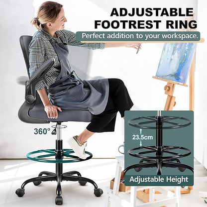 FelixKing Drafting Chair Ergonomic Tall Office Chair, Breathable Mesh Chair with Adjustable Footrest Ring Lumbar Support Flip-up Armrests, High Back Executive Comfy Task Computer Chair for Home Office