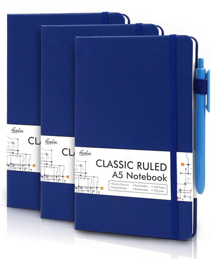 feela 3 Pack Notebooks Journals Bulk with 3 Black Pens, A5 Hardcover Notebook Classic Ruled Lined Journal Set with Pen Holder for Work Business Journaling Note Taking, 120 GSM, 5.1”x8.3”, Navy
