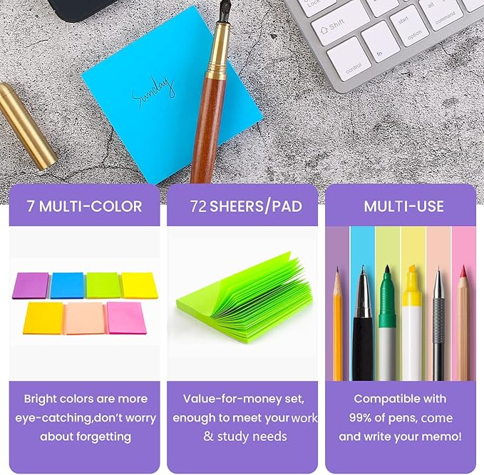 (28 Pads) Sticky Notes 3 x 3 in, Bright Colorful Super Sticking Power Memo Post Stickies, High Stickiness Square Sticky Notes for Office, Home, School, Meeting, 72 Sheets/pad