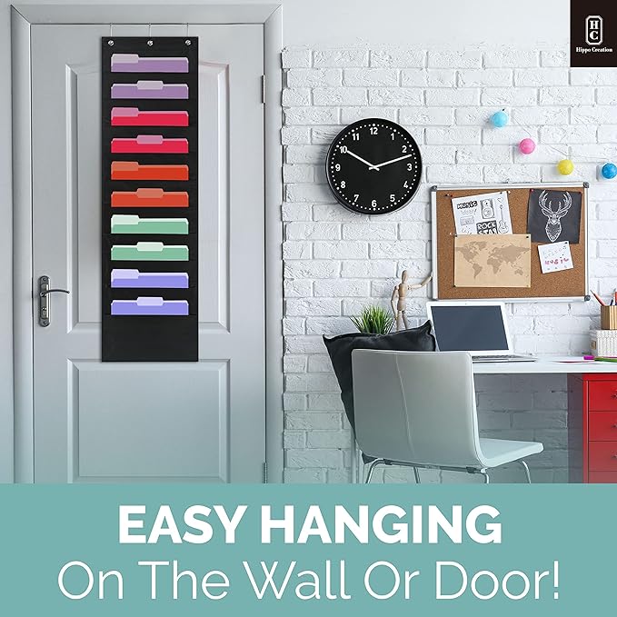 Hippo Creation Heavy Duty Storage Pocket Chart for Classroom, 10 Pocket Storage Organizer with 2 Over-Door Hangers, Hanging Wall Organizer for File Folders, School Mailbox, Home Office Papers - Black