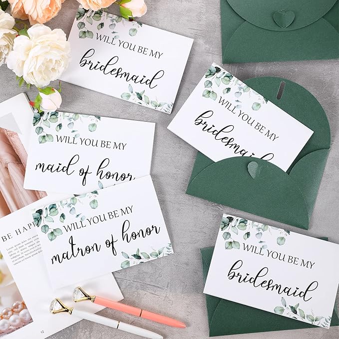 Spakon 16 Pcs Will You Be My Bridesmaid Cards with Envelopes Watercolor Greenery Floral Bridal Proposal Maid of Honor Matron of Honor Invited Favor for Bridal Shower Wedding (Eucalyptus)