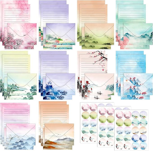 TaoBary 160 Packs Stationery Paper Set (50 Double Sided Stationery Writing Papers 50 Matching Envelopes) 60 Round Dot Sticker, 10 Design(Ink Painting,8.5 x 11 Inch)