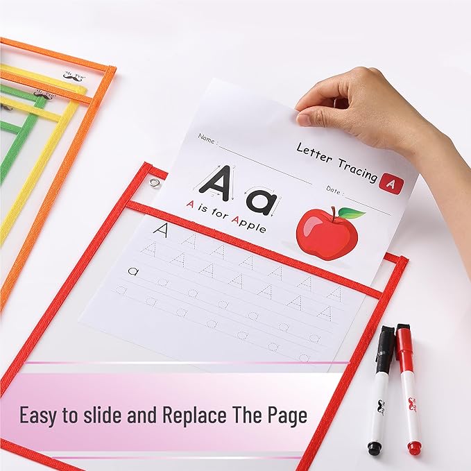 Mr. Pen- Dry Erase Pocket Sleeves, 10 x 14 Inch, 6 Pack, Colorful, Plastic,Reusable, Clear, Classroom Sleeves
