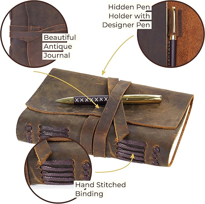 Sovereign-Gear Leather Bound Journal for Men and Women, Handmade Gift Set with Antique Journal and Stylish Pen, Vintage and Classic, Notebook, Sketchbook, Planner and Diary (300 Pages) (7x5)