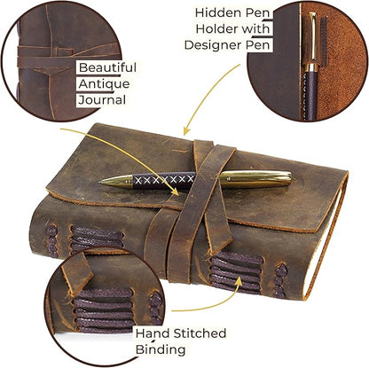 Sovereign-Gear Leather Bound Journal for Men and Women, Handmade Gift Set with Antique Journal and Stylish Pen, Vintage and Classic, Notebook, Sketchbook, Planner and Diary (300 Pages) (7x5)