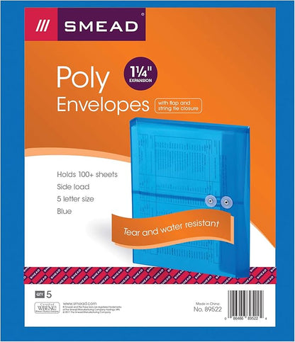 Smead Poly Envelope, 1-1/4" Expansion, String-Tie Closure, Side Load, Letter Size, Blue, 5 per Pack (89522)