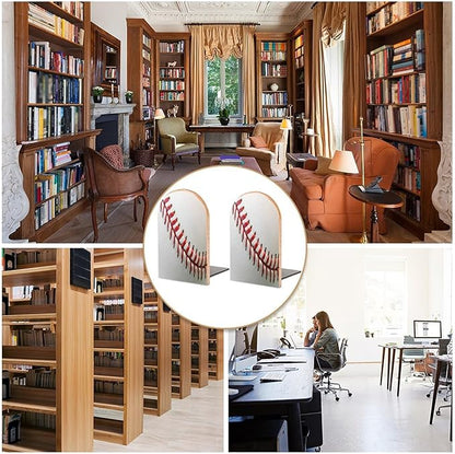 2 Pack Wood Bookends, Sport Ball Baseball Lace Non-Skid Book Ends for Heave Books, Decorative Bookends for Shelves Desk, Book Stoppers Book Holders for Home Office Library School