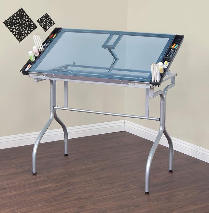 Studio Designs Folding Modern Glass Top Adjustable Drafting Table Craft Table Drawing Desk Hobby Table Writing Desk Studio Desk, 35.25" W x 23.75" D, Silver / Blue Glass